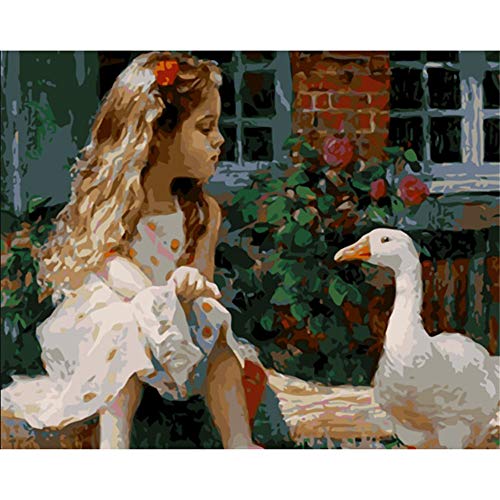 Pintar Por Números Para Adultos Cabello Largo Y Rizado Chica Y Pato Decoración Casera Linda Diy-Framed 40x50 Cm