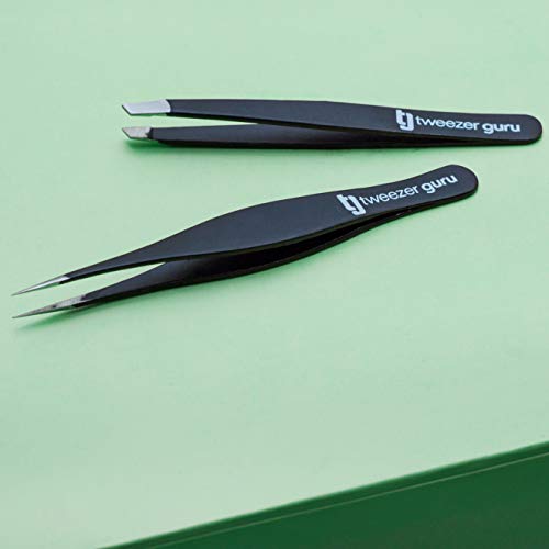 Pinzas de Depilar Profesionales Tweezer Guru Para Cejas (Set de 2) – Pinza Punta Acero Inoxidable – Gran Precisión para Pelos Faciales, Pelos Encarnados, Espinillas y Astillas (Negro)