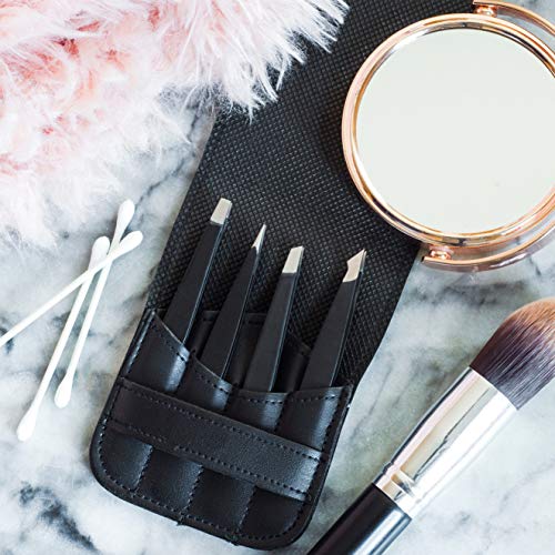 Pinzas de Depilar Profesionales Tweezer Guru Para Cejas (Set de 4) – Pinza Punta Acero Inoxidable – Gran Precisión para Pelos Faciales, Pelos Encarnados, Espinillas y Astillas (Negro)