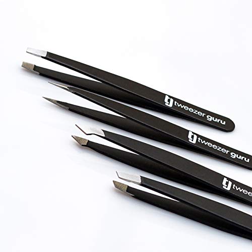 Pinzas de Depilar Profesionales Tweezer Guru Para Cejas (Set de 4) – Pinza Punta Acero Inoxidable – Gran Precisión para Pelos Faciales, Pelos Encarnados, Espinillas y Astillas (Negro)
