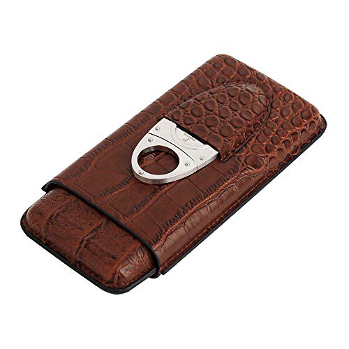 PIPITA Funda de piel para cigarrillos de alta calidad Portátil Con,3 tubos de humidificador (cortador de acero inoxidable incluido). Piel sintética de imitación de piel de cocodrilo (Marrón)
