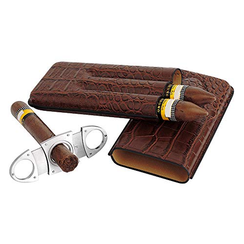PIPITA Funda de piel para cigarrillos de alta calidad Portátil Con,3 tubos de humidificador (cortador de acero inoxidable incluido). Piel sintética de imitación de piel de cocodrilo (Marrón)