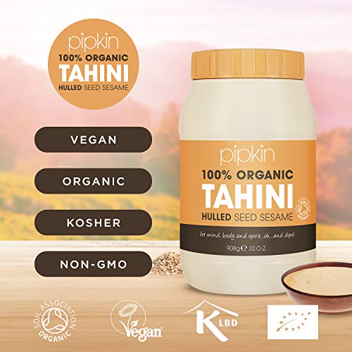 Pipkin 100% Pasta de Tahini Orgánica 908g - Semillas de Sésamo Etíopes Tostadas y Prensadas - Todo Natural, Kosher, Vegano, Sin Gluten, No GMO