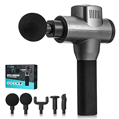 Pistola de Masaje Muscular, MECO Masajeador Profesional de Músculos de Tejido Profundo con 6 Niveles Ajustables 5 Cabezales de Masaje, 3200 RPM, Ultra Silencioso para Relajación Fatiga, Gimnasio-Negro
