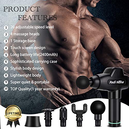 Pistola de Masaje Muscular, Padi Home Masajeador de Músculos de Tejido Profundo con 20 Niveles Ajustables, 4 Cabezas de Masaje y Pantalla LCD