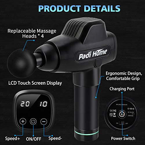 Pistola de Masaje Muscular, Padi Home Masajeador de Músculos de Tejido Profundo con 20 Niveles Ajustables, 4 Cabezas de Masaje y Pantalla LCD