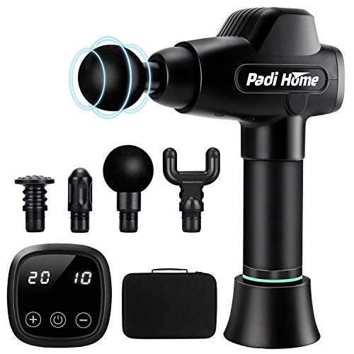 Pistola de Masaje Muscular, Padi Home Masajeador de Músculos de Tejido Profundo con 20 Niveles Ajustables, 4 Cabezas de Masaje y Pantalla LCD