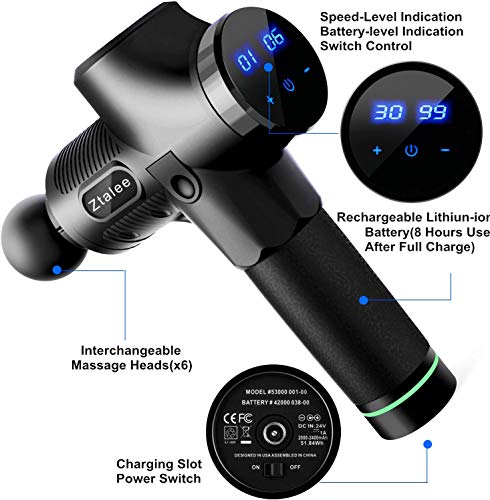 Pistola de Masaje Muscular, Ztalee Masajeador de Músculos de Tejido Profundo con 30 Niveles Ajustables, 6 Cabezas de Masaje y Pantalla LCD, Ultra Silenciosos para Relajación Recuperación Fatiga
