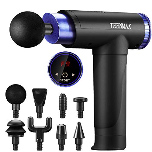 Pistola de Masaje Muscular,Masajeador de Músculos de Tejido Profundo para Relajación Recuperación Fatiga,Masajeador de Mano Electrico con 9 Nivele Ajustables y 8 Cabezas de Masaje