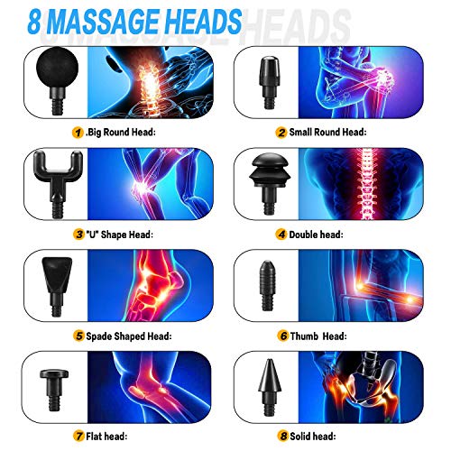 Pistola de Masaje Muscular,Masajeador de Músculos de Tejido Profundo para Relajación Recuperación Fatiga,Masajeador de Mano Electrico con 9 Nivele Ajustables y 8 Cabezas de Masaje
