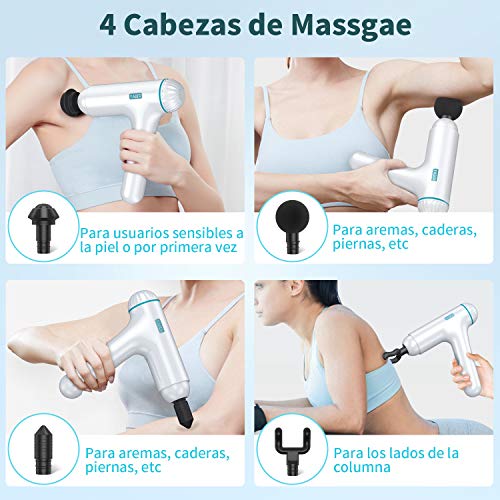 Pistola de Masaje Muscular,YABER Masajeador de Músculos de Tejido Profundo,4 Cabezas de Masaje y 3 Niveles Ajustables,Ultra Silenciosos para Relajación Recuperación Fatiga