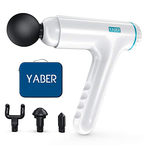 Pistola de Masaje Muscular,YABER Masajeador de Músculos de Tejido Profundo,4 Cabezas de Masaje y 3 Niveles Ajustables,Ultra Silenciosos para Relajación Recuperación Fatiga