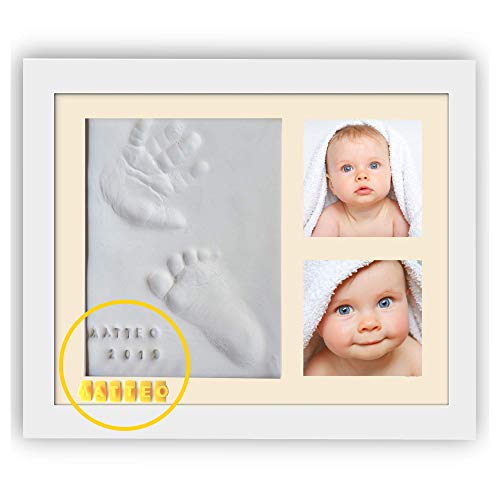 PITI COT Marco Huellas Bebé | Letras Números y 4 Marcos de Colores | Kit para Huella de Pie e Manos del bebe | Regalos Originales para Bebès Recien Nacidos Bautizo Niño y Niña | Decoracion Habitacion