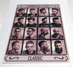 Placa decorativa vintage de los años 60, diseño de publicidad estadounidense de barbería, estilo clásico y rockabilly, 20 x 14 cm, fabricada en PVC, 5 mm de grosor, con impresión adhesiva