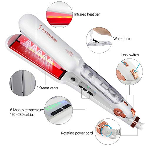 Plancha de Pelo Vapor y Infrarrojos Profesional con Placas Extra de Ancho (4.9 cm), Alisador de Pelo de Cerámica 2018, el Cuidado del Cabello, Doble Voltaje 110-240V para Viajar, color blanco