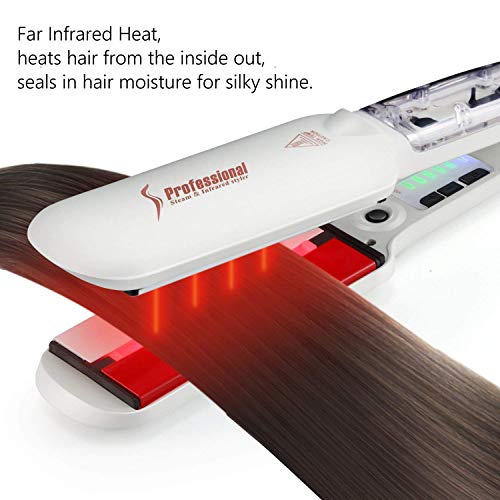 Plancha de Pelo Vapor y Infrarrojos Profesional con Placas Extra de Ancho (4.9 cm), Alisador de Pelo de Cerámica 2018, el Cuidado del Cabello, Doble Voltaje 110-240V para Viajar, color blanco