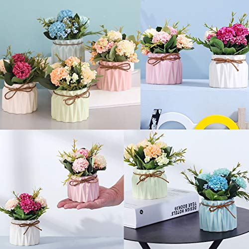 Plantas de flores artificiales - Mini flores de hortensias falsas en maceta para decoración del hogar Fiesta Boda Oficina Mesa Decoración de escritorio, 4 piezas
