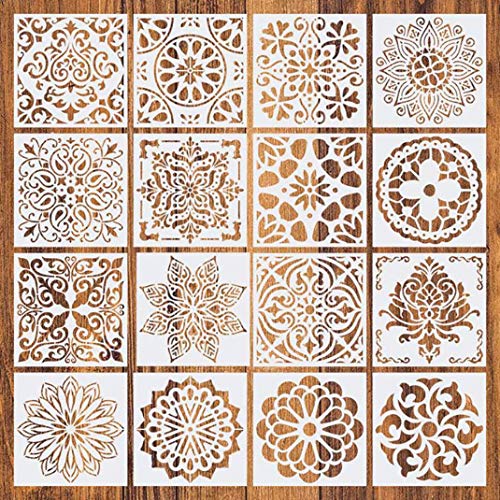 Plantillas de Mandala, Comius Sharp 16 Piezas Plantillas de Dibujo, Mandala Manualidades Painting Stencils, Reutilizables,cortadas con láser para Pintar Scrapbook Arte De Pared 15x15cm (Blanco)