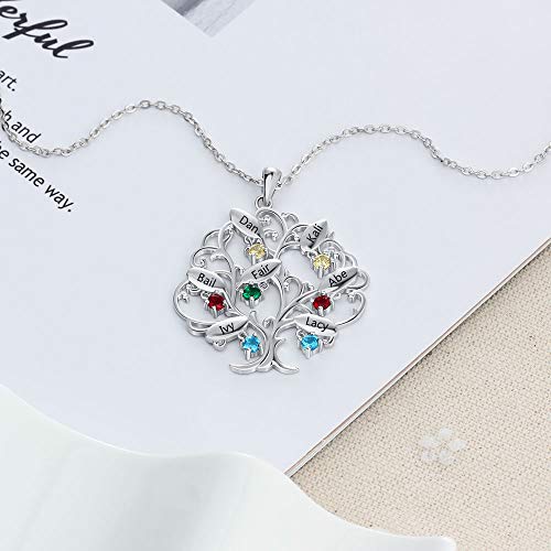 Plata de Ley 925 Árbol de la Vida Piedra de Nacimiento Collar Familiar Colgante Tallado Personalizado Collar único Personalizado Ideas de Regalo de cumpleaños (Plata)