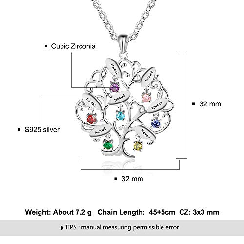 Plata de Ley 925 Árbol de la Vida Piedra de Nacimiento Collar Familiar Colgante Tallado Personalizado Collar único Personalizado Ideas de Regalo de cumpleaños (Plata)