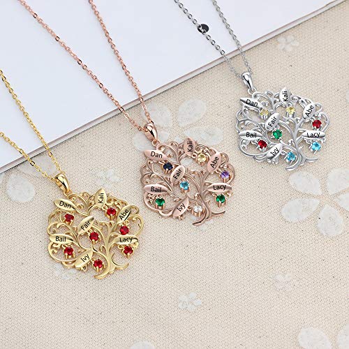 Plata de Ley 925 Árbol de la Vida Piedra de Nacimiento Collar Familiar Colgante Tallado Personalizado Collar único Personalizado Ideas de Regalo de cumpleaños (Plata)