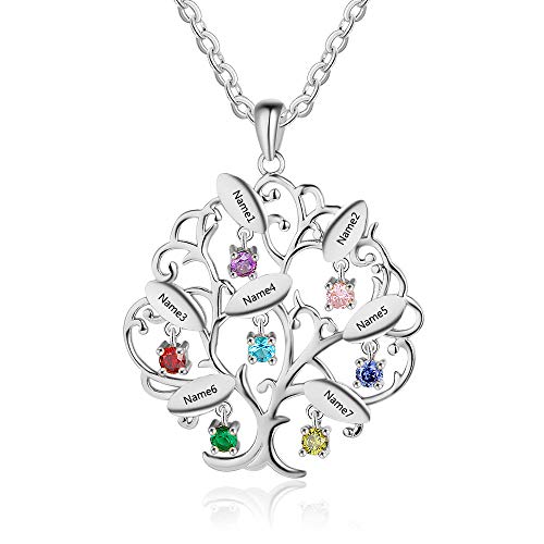 Plata de Ley 925 Árbol de la Vida Piedra de Nacimiento Collar Familiar Colgante Tallado Personalizado Collar único Personalizado Ideas de Regalo de cumpleaños (Plata)