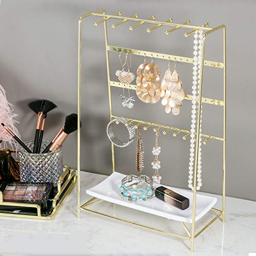 PLINRISE - Soporte organizador de joyas de 4 niveles, con bandeja para anillos, pulseras, collares, pendientes, color dorado