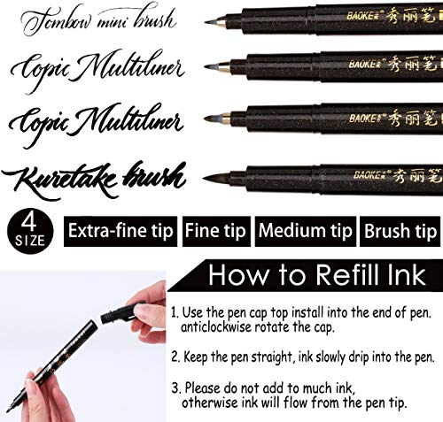 Pluma de Caligrafía, Lápiz para Caligrafía, 4 Tamaños Pincel Negro, Bolígrafos de Tinta de Caligrafía, para Principiantes Escribiendo, Cómica, Firma, Diseño, Caligrafía y Dibujos(6 Piezas)