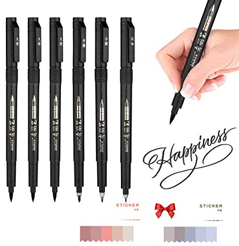 Pluma de Caligrafía, Lápiz para Caligrafía, 4 Tamaños Pincel Negro, Bolígrafos de Tinta de Caligrafía, para Principiantes Escribiendo, Cómica, Firma, Diseño, Caligrafía y Dibujos(6 Piezas)