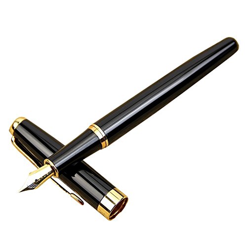 Pluma estilográfica clásica de acero inoxidable con adornos dorada, punta M, HeroNeo® Baoer 388, color negro