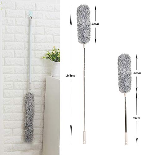 Plumero de Limpieza,Plumero Atrapapolvo Extensible,Ajustable Lavable Plumero de Microfibra con Poste Telescópico Largo de 245cm para Ventanas Persianas Muebles Coches