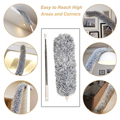 Plumero de Limpieza,Plumero Atrapapolvo Extensible,Ajustable Lavable Plumero de Microfibra con Poste Telescópico Largo de 245cm para Ventanas Persianas Muebles Coches
