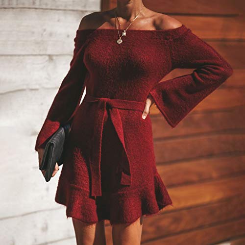 Poachers Vestidos de Fiesta Mujer Cortos Elegantes Vestidos Mujer Invierno Rebajas Vestidos Nochevieja Mujer Sexy Manga Larga Vestido gotico Mujer Collar de Color Liso (S-XL Rojo Gris)