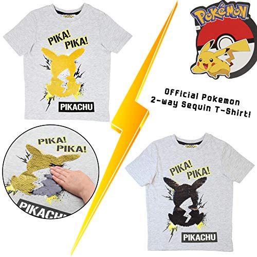 Pokèmon Camiseta Lentejuelas Reversibles para Niños | Top De Algodón Gris De Pikachu En Lentejuelas Negras Y Doradas | Idea Regalo Niños Y Adolescentes (13/14 años)