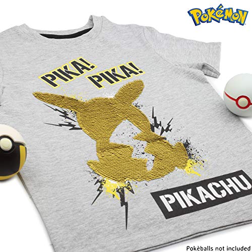Pokèmon Camiseta Lentejuelas Reversibles para Niños | Top De Algodón Gris De Pikachu En Lentejuelas Negras Y Doradas | Idea Regalo Niños Y Adolescentes (13/14 años)