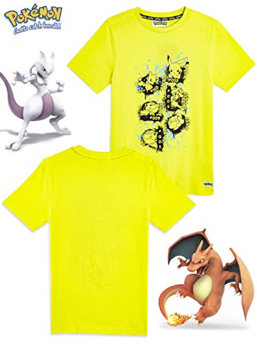 Pokèmon Camiseta Niño Amarilla de Manga Corta, con Pikachu Mewtwo Blastoise Psyduck Charizard Venusaur, Ropa Niño Camisetas de Algodón 100%, Regalos para Niños Adolescentes (7-8 años)