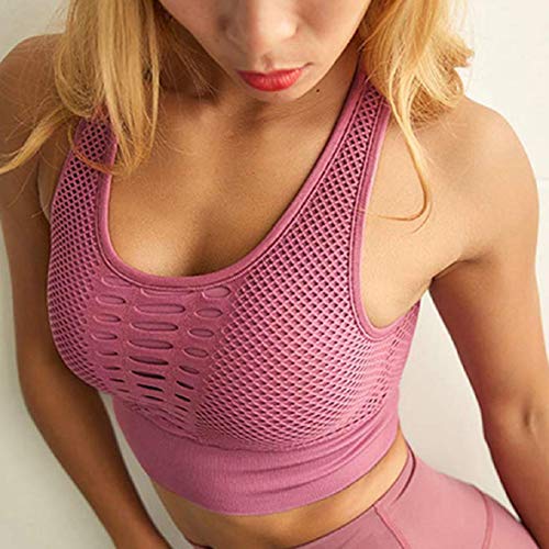 Pollara Sujetador deportivo sin costuras, con efecto pushup, sujeción fuerte, sujetador de yoga, crop, entrenamiento, fitness, activewear Racerback, camiseta acolchada Rosa. XL