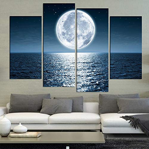 POLLKK 4 Paneles Decoración Moderna del Arte De La Pared del Hogar Cuadros Modulares Luna Llena Noche Vista Al Mar HD Impreso Pintura sobre Lienzo para Sala De Estar
