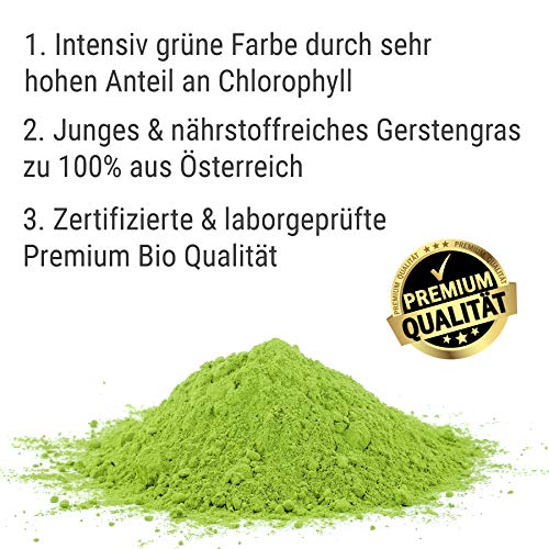 Polvo de hierba de cebada orgánica de joven, buena solubilidad, finamente molido para jugo de hierba de cebada, Polvo de hierba de cebada de cultivo biológico austríaco, probado y certificado, 125g