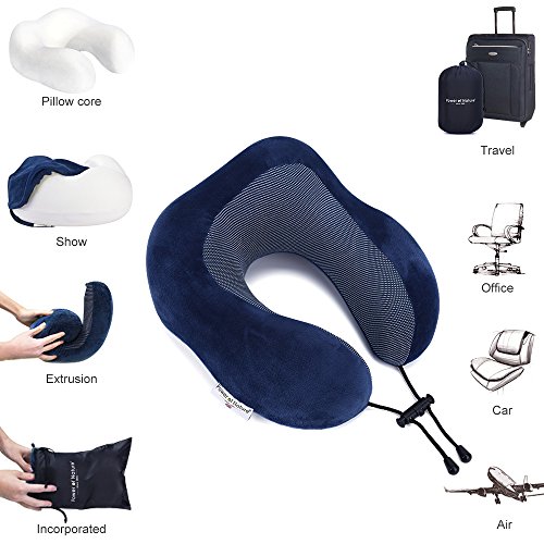 PON Almohada de Viaje Viscoelástica de Espuma de Memoria con Funda Lavable y Bolsa de Viaje Suave para el Cuello Soporte Cervical Ideal para el Uso del Avión y el Hogar (Azul)