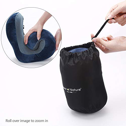 PON Almohada de Viaje Viscoelástica de Espuma de Memoria con Funda Lavable y Bolsa de Viaje Suave para el Cuello Soporte Cervical Ideal para el Uso del Avión y el Hogar (Azul)