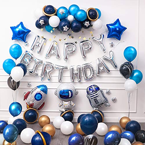 Ponmoo 87pices Globos Cumpleaños de Niño, Azul Decoraciones para Espacio Fiestas de Cumpleaños, Globo de Cohete Astronauta Robot Happy Birthday, Decoración de Feliz Cumpleaños con Accesorios