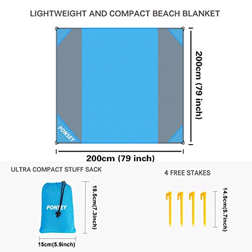 Ponsey Alfombra de Playa, Manta de Picnic Impermeable Manta 200 x 200 cm Anti Arena Portátil Manta con 4 Estaca Fijo para la Playa, Acampar, Picnic y Otra Actividad