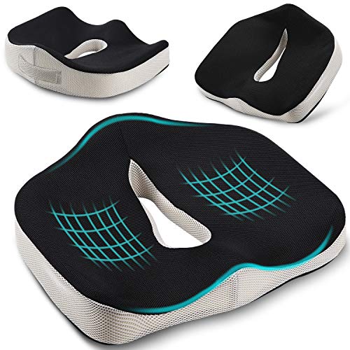 POOTACK Cojín para Silla Oficina, Cojin Ortopédico Coxis de Espuma con Memoria para Silla y Asiento con Forro Transpirable - Alivio del Dolor Lumbar, Cóccix, Ciática y Corrección de Cadera - Negro