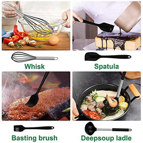 popolic 14 PCS Utensilios de Cocina Silicona, Juego de Espatula de Silicona para Cocina Resistente, Espatula de Silicona para Cocina Profesional Grande, Espátula con Cuchara, Cucharón, Batidor
