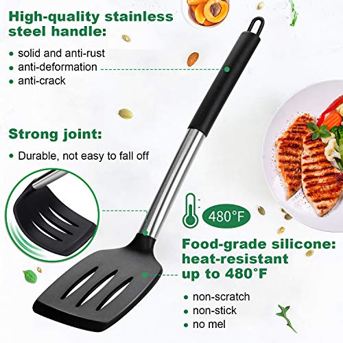 popolic 14 PCS Utensilios de Cocina Silicona, Juego de Espatula de Silicona para Cocina Resistente, Espatula de Silicona para Cocina Profesional Grande, Espátula con Cuchara, Cucharón, Batidor