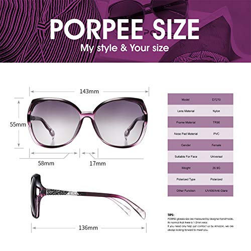 PORPEE Gafas de Sol Mujer Polarizadas, 2020 Gafas de Sol Moda con Tecnología de Incrustación de Diamante - Lente de Nylon Polarizado | UV400 Protection | Resistencia al Deslumbramiento