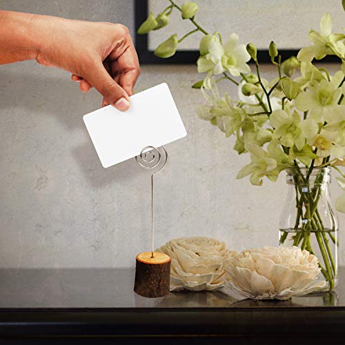 Porta Tarjetas (20 Piezas) - Base de Madera - Soporte Tocón de Madera con Clip en Espiral para Fotos, Tarjeta, Nota, Tarjeta de Visita, Tarjeta Lugar de Boda, Numero de Mesa, Etiqueta de Precio
