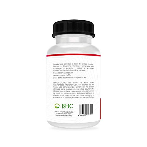 Potente Nootrópico Natural | Aumenta la Concentración y Capacidad de Estudio y Trabajo | Ginkgo Biloba + Taurina + Zinc + Vitamina B12 y B5 | Potencia la memoria | Aporta Vitalidad | 60 cápsulas