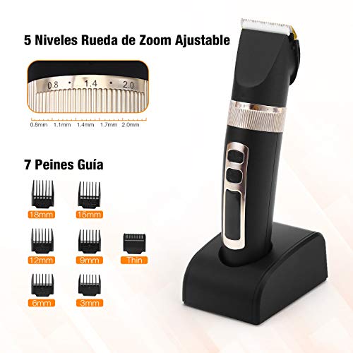 Powerextra Cortapelos Profesional Hombres - Cortadora de Pelo Inalámbrica para Vello Facial Corporal y de Nariz Pantalla LED Batería Recargable - Recortador de Barba y Cortapelos 7Accesorios